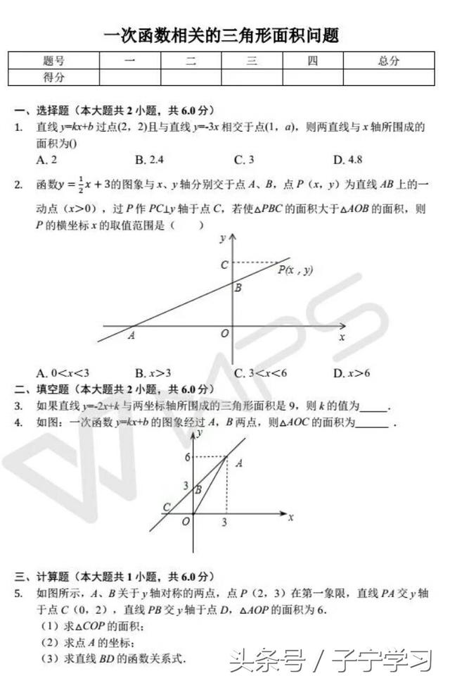 「初中数学」与一次函数相关的三角形面积问题