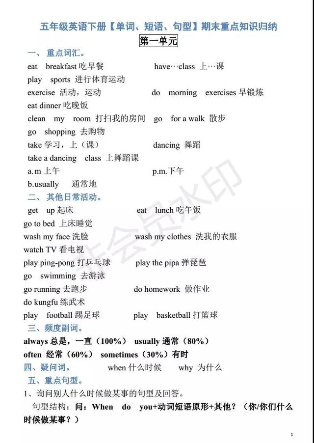 三~六年级英语下册「单词、短语、句型」期末重点知识归纳