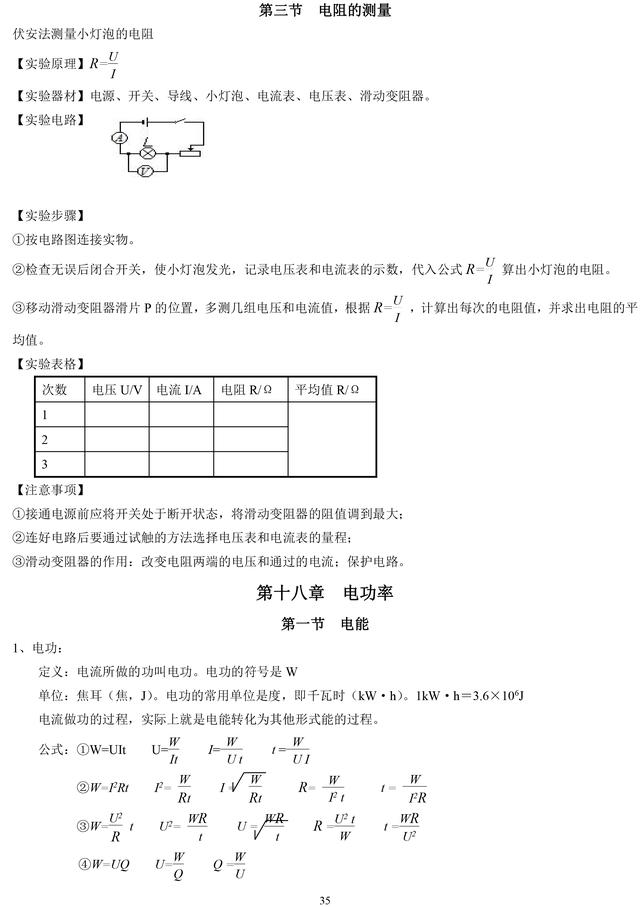 人教版初中物理八、九年级复习知识点总结，暑假预习复习必备资料