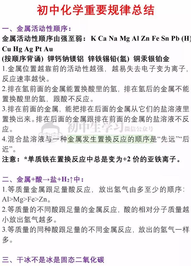 初中化学：重要规律总结，死磕这份学习资料，化学成绩直逼满分！