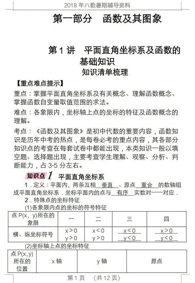 2018年暑假八数学复习资料，知识要点，例题分晰，课后训练