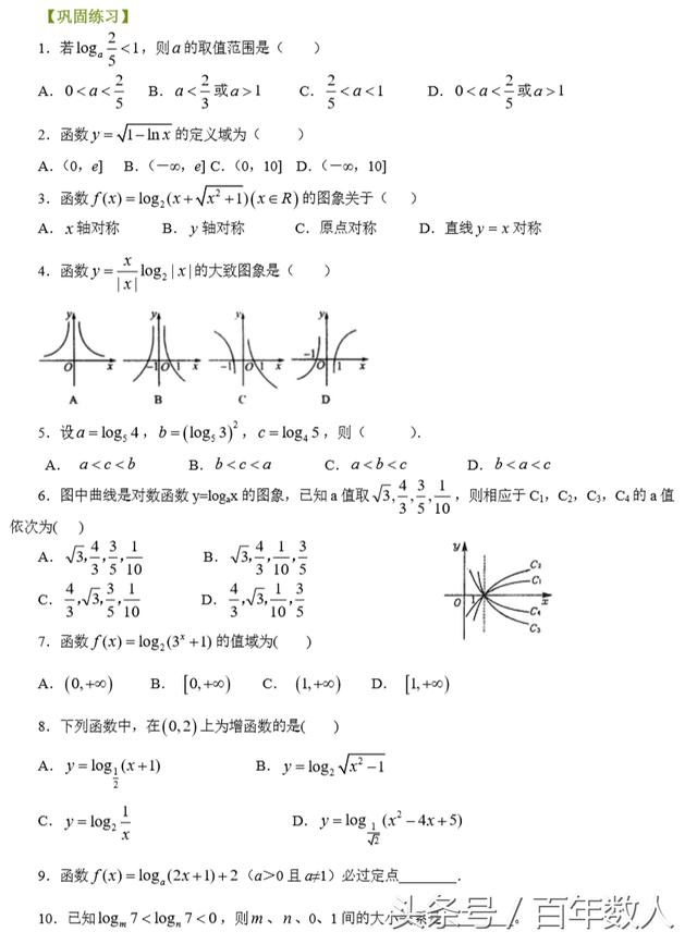 2019新高一高中数学必修一：对数函数及及其性质专项强化演练