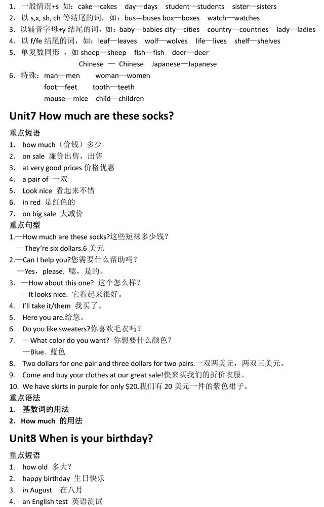 人教版英语七年级上册所有单元知识点总结，暑期预习必备资料！