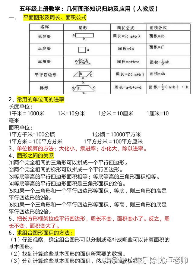 五年级上册数学：几何图形知识归纳及应用（人教版）