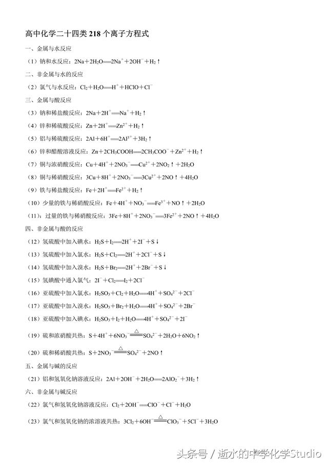 高中化学二十四类218个离子方程式汇总（你想到的都在这里）