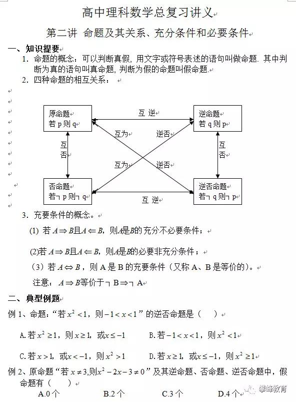 高中理科数学总复习讲义 第二讲 命题及其关系、充分条件和必要