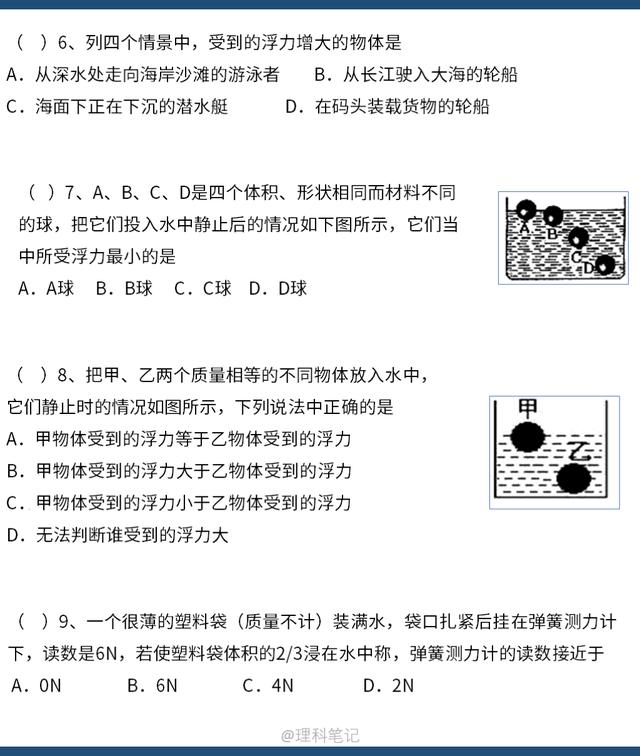 初中物理每日一练：浮力专题练习，初二下学期适用，初三适用