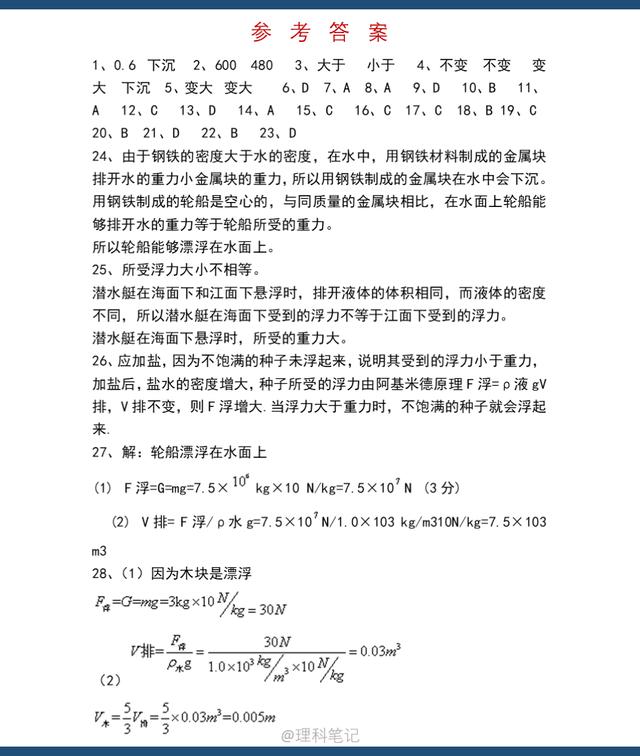 初中物理每日一练：浮力专题练习，初二下学期适用，初三适用