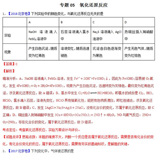 专题五 氧化还原反应——三年高考化学真题（2016-2018）含解析