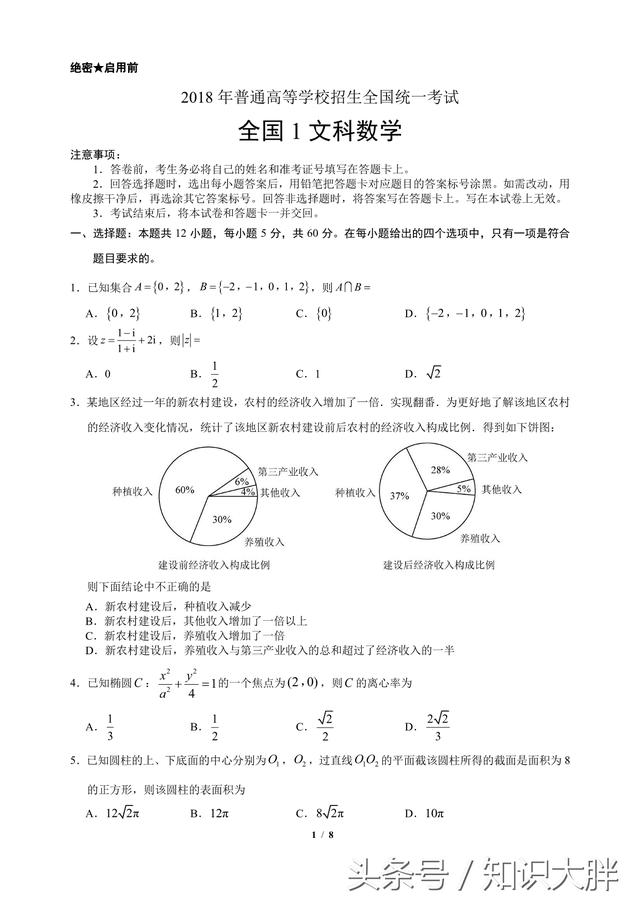 全国1高考文科数学2018年试卷含答案可打印版（平时多练习）