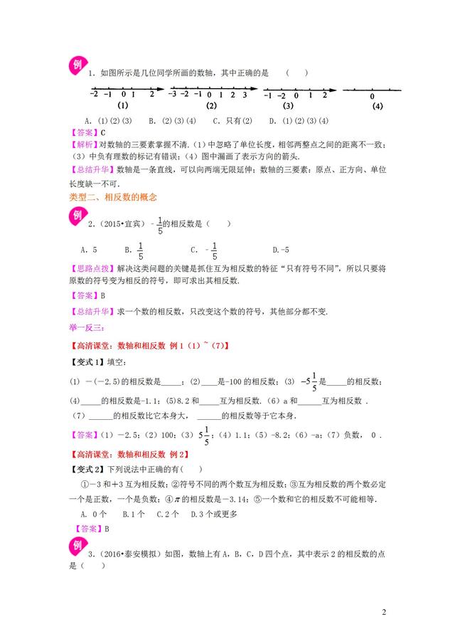 人教版七年级上册第一章数轴与相反数知识讲解