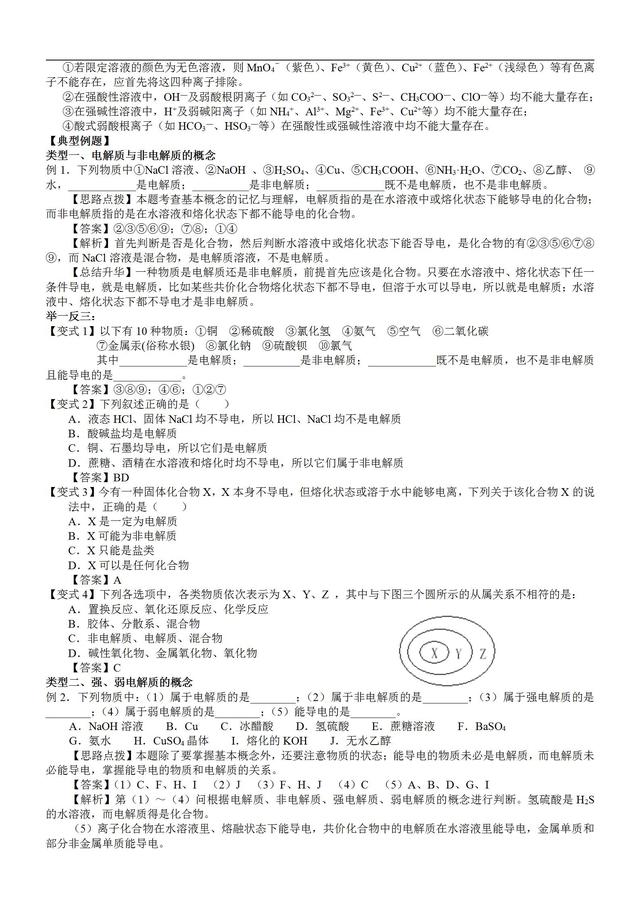 高一化学离子反应知识点归纳总结+典例解析，暑假预习必备资料！