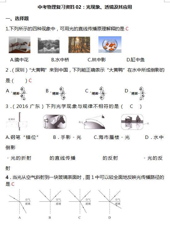 中考物理复习资料“光现象、透镜及其应用”专项练习（有答案）