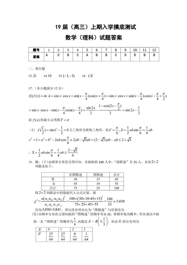 2019届高三入学摸底理科数学试卷（含答案）