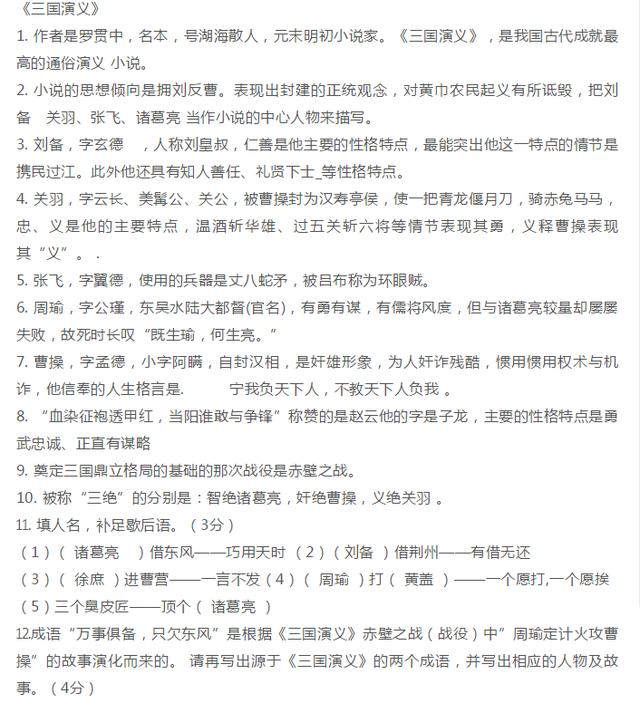 人大附中中考语文复习密卷：四大名著考题解析——《三国演义》