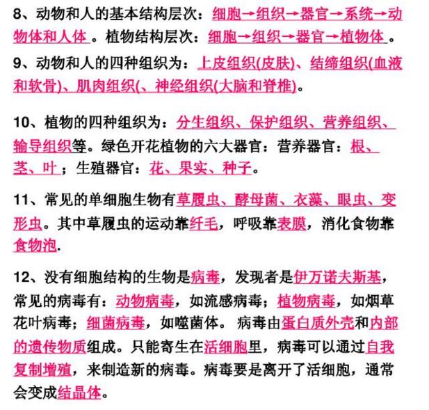 初中生物1~7单元，基础知识点归纳（填空版），建议收藏打印！