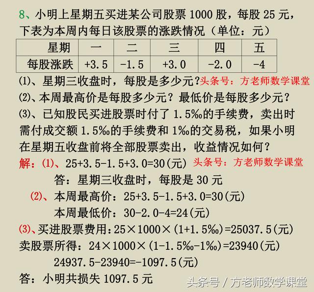 数学7上：有理数加减法，8道正负数应用题，月考期中常见经典考题