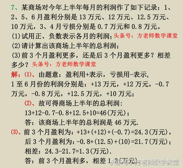 数学7上：有理数加减法，8道正负数应用题，月考期中常见经典考题