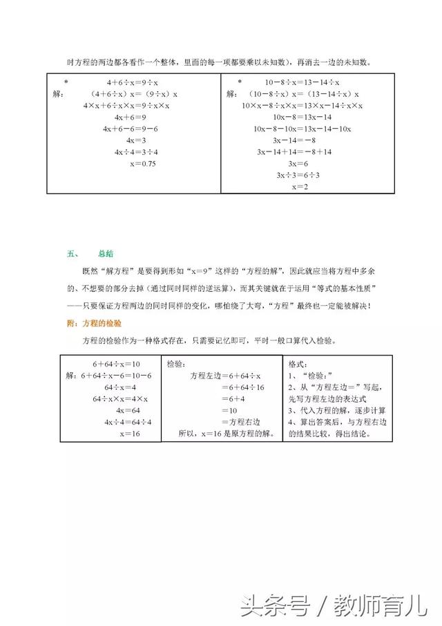 小学数学五年级上册解简易方程方法及难点归纳，需要的家长请收下