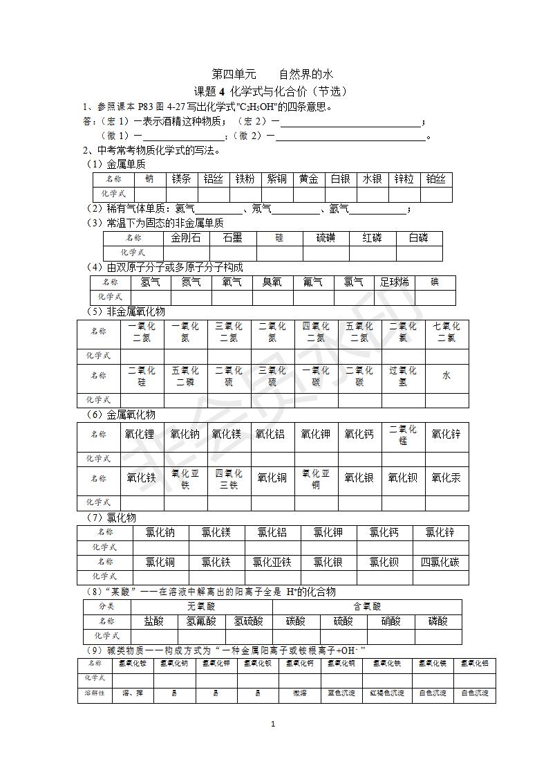 人教版九年级化学第四单元课题4《化学式与化合价》(CZHX0013)