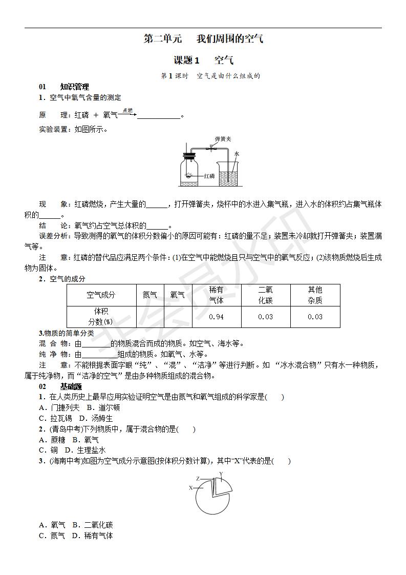 人教版九年级化学课题1 空气(CZHX0020)