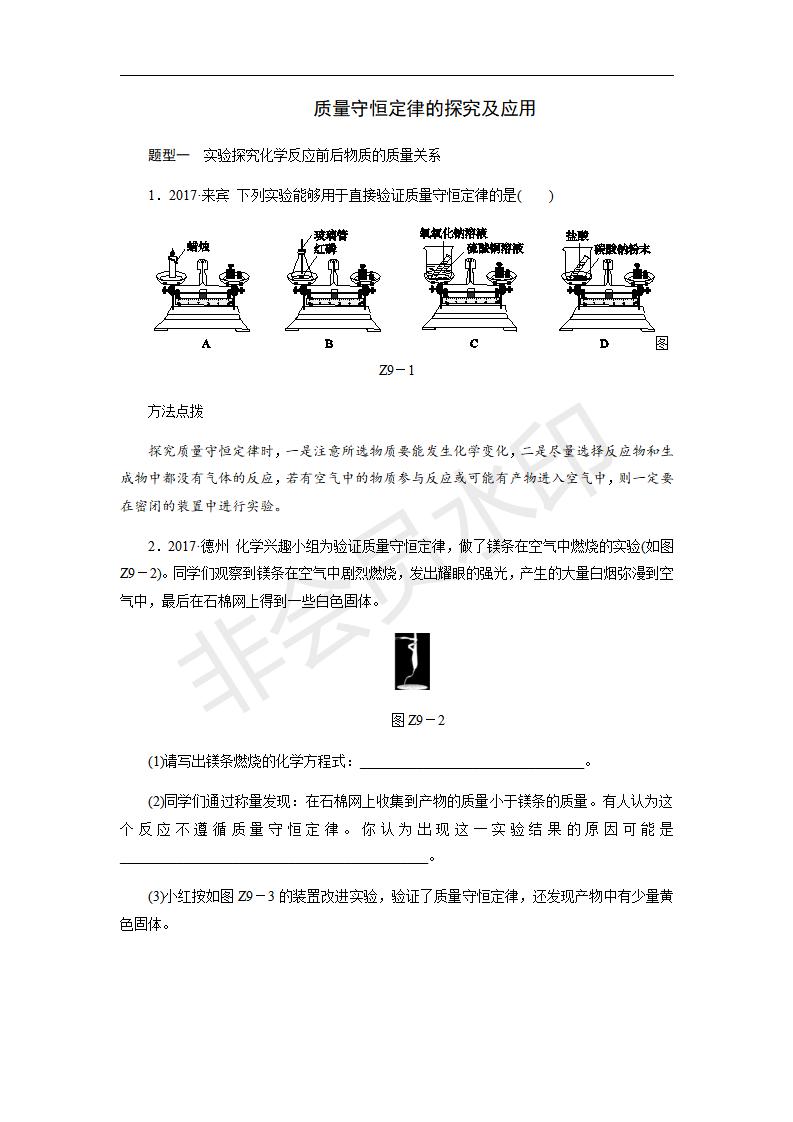 人教版九年级化学上册第五单元专题训练_　质量守恒定律的探究及应用(CZHX0028)