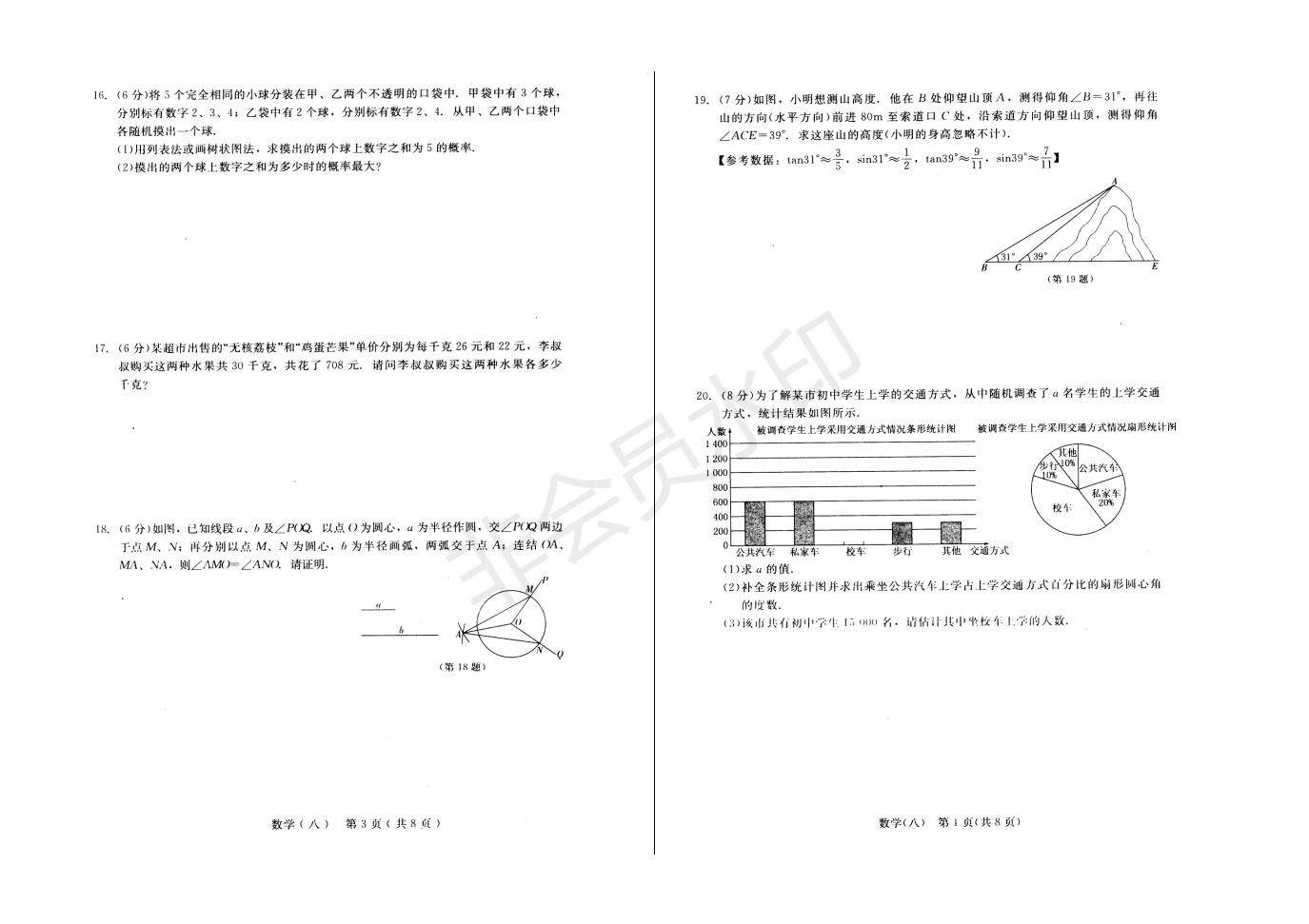 长春市中考综合学习评价与检测数学试卷（八）(ZKSX0183)