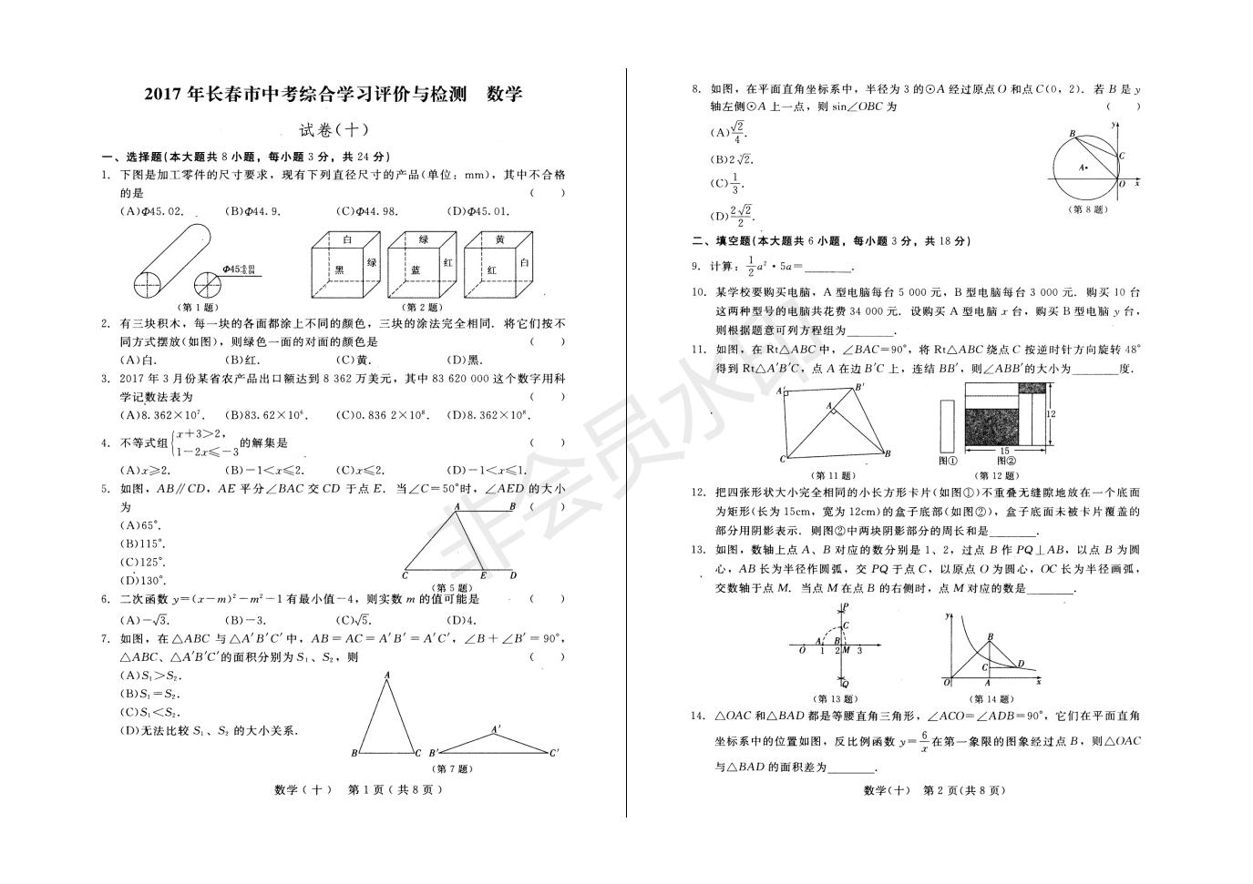 长春市中考综合学习评价与检测数学试卷（十）(ZKSX0189)