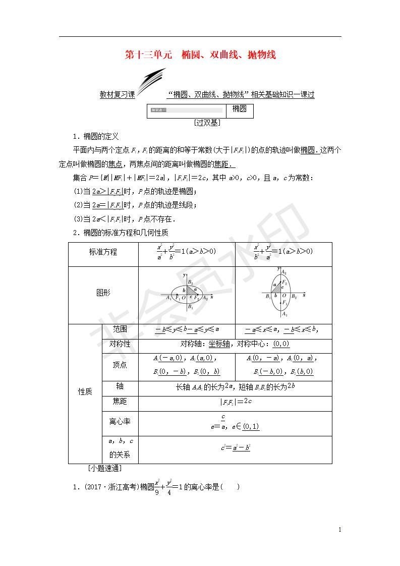 全国通用版2019版高考数学一轮复习第十三单元椭圆双曲线抛物线学案