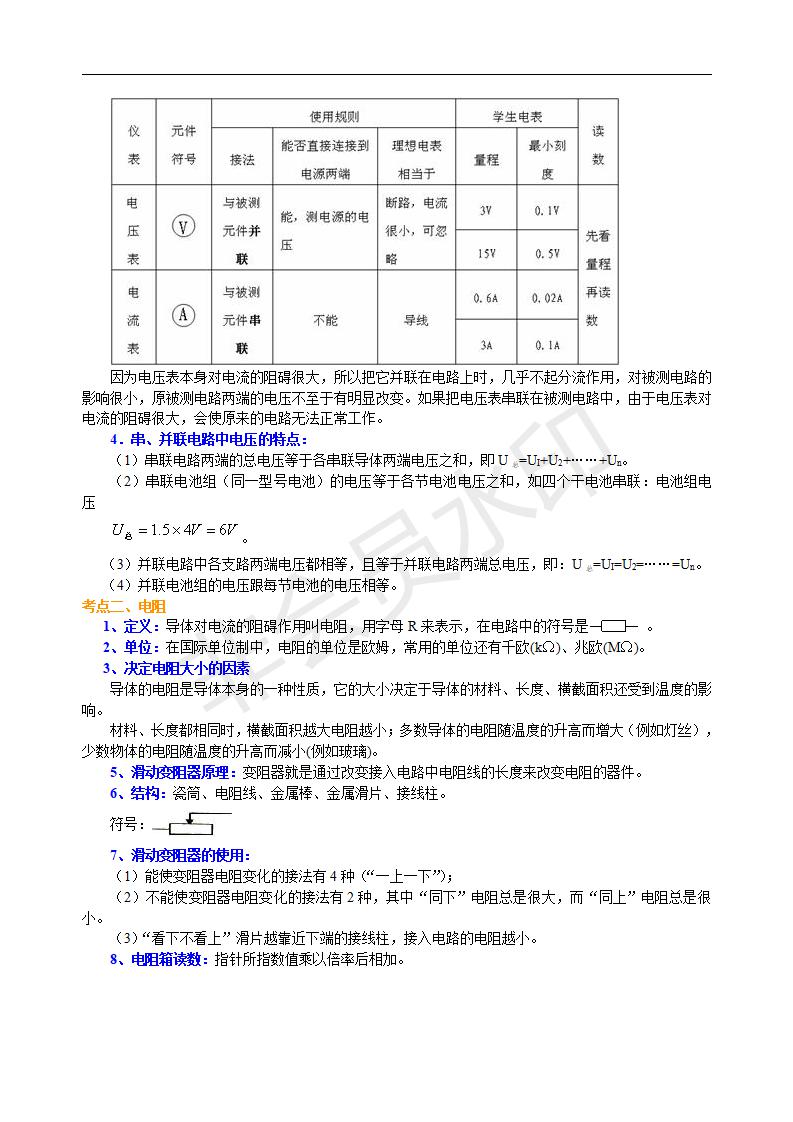 中考物理总复习：电压电阻（提高）知识讲解