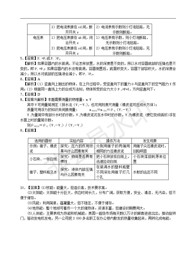 中考物理冲刺：开放性试题（基础）巩固练习