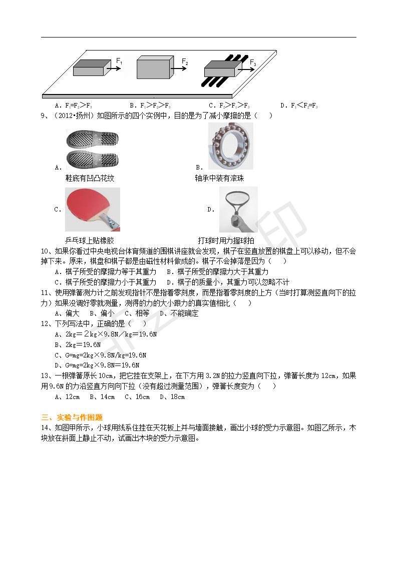 中考物理总复习：重力、弹力、摩擦力（提高）巩固练习