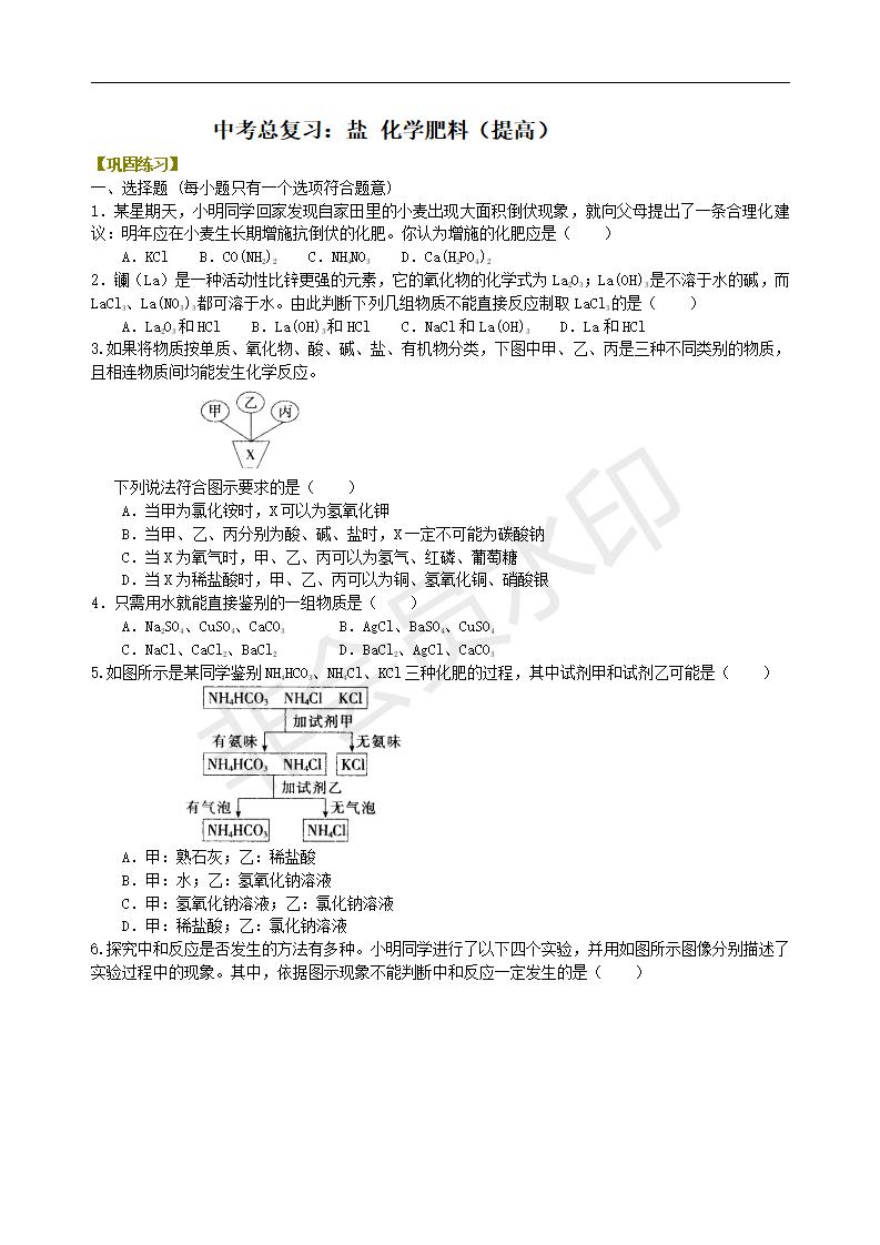 中考化学总复习：盐 化学肥料（提高） 巩固练习