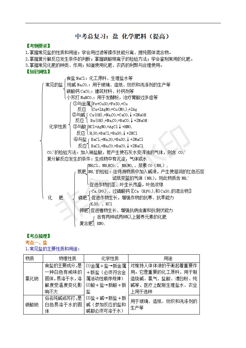 中考化学总复习：盐 化学肥料（提高） 知识讲解