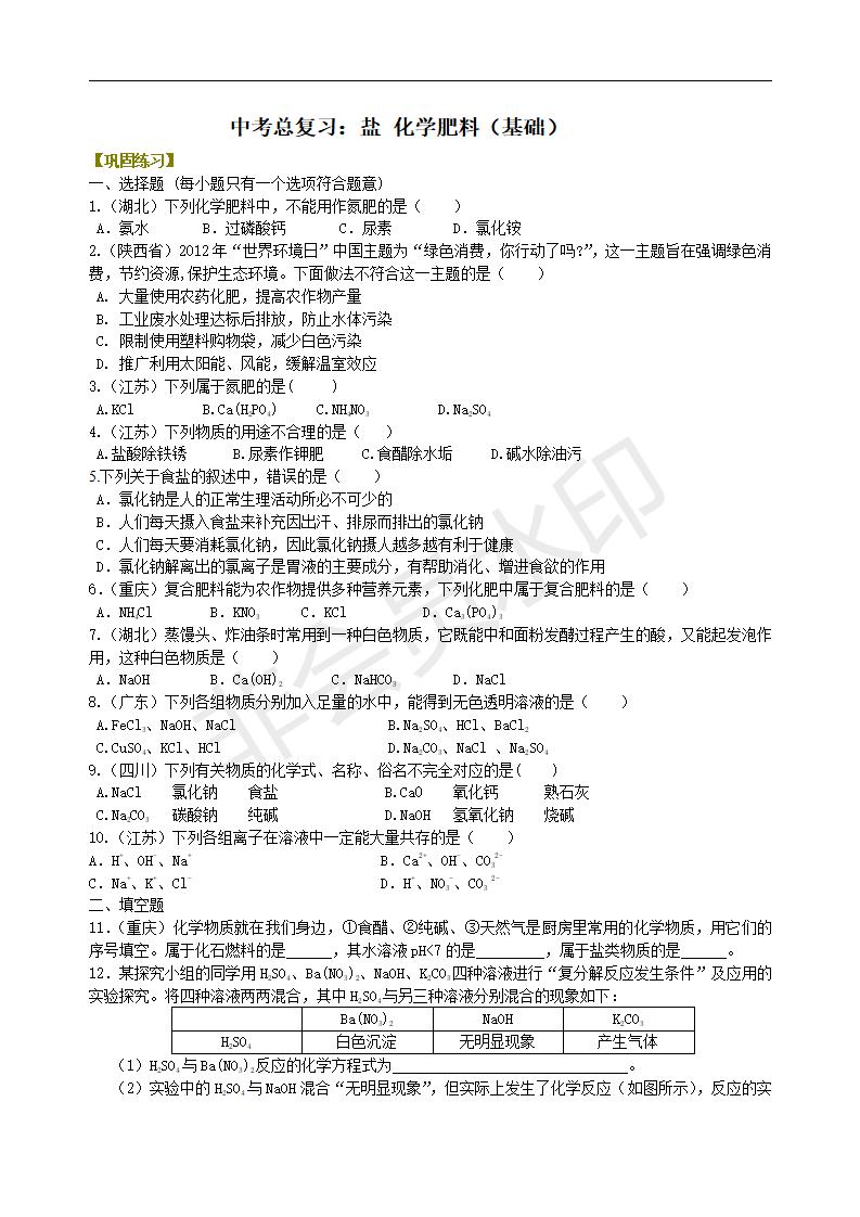 中考化学总复习：盐 化学肥料（基础） 巩固练习