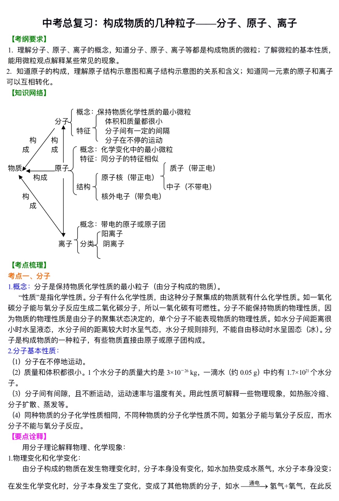 中考化学总复习：构成物质的几种粒子——分子、原子、离子