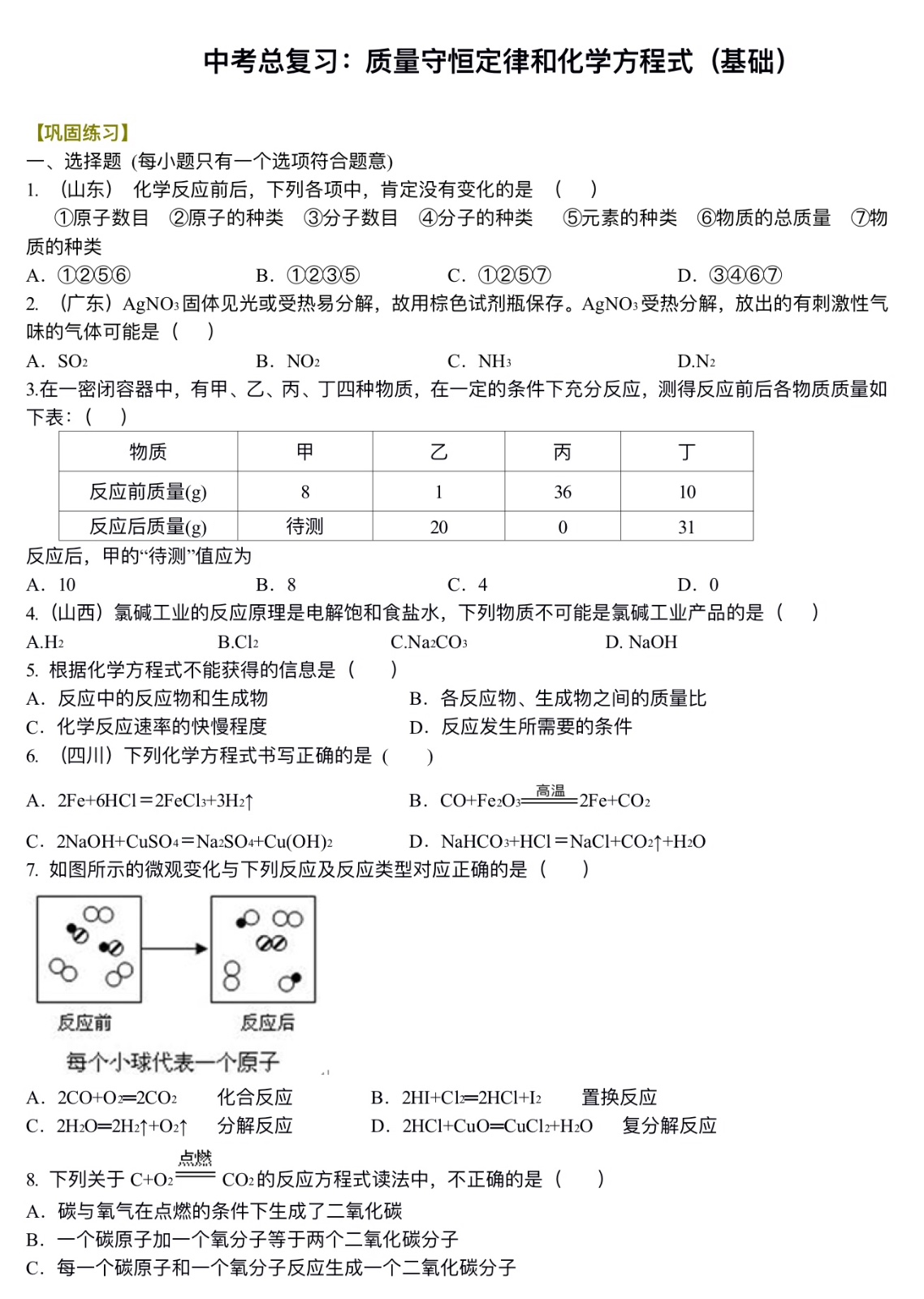 中考化学总复习：质量守恒定律和化学方程式（基础）