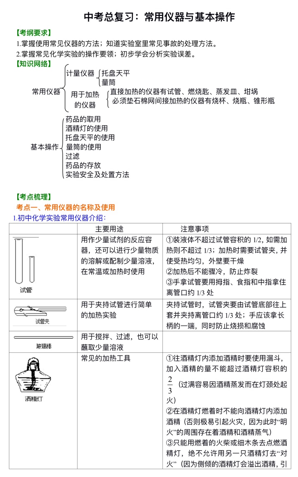 中考化学总复习：常用仪器与基本操作