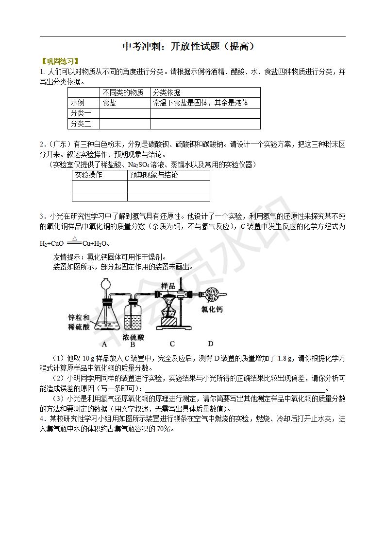 中考化学冲刺：开放性试题（提高） 巩固练习