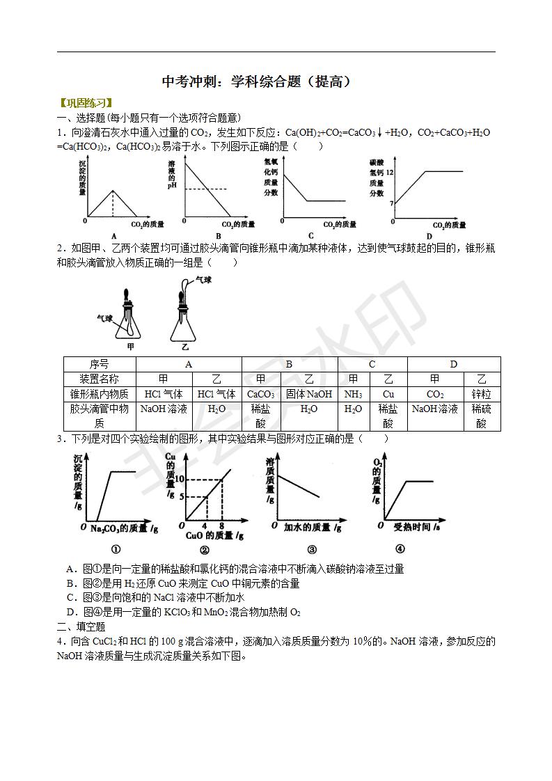 中考化学冲刺：学科综合题（提高） 巩固练习