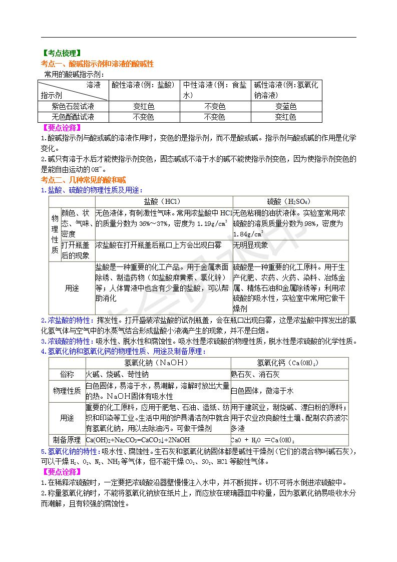 中考化学总复习：常见的酸和碱及其通性（基础） 知识讲解