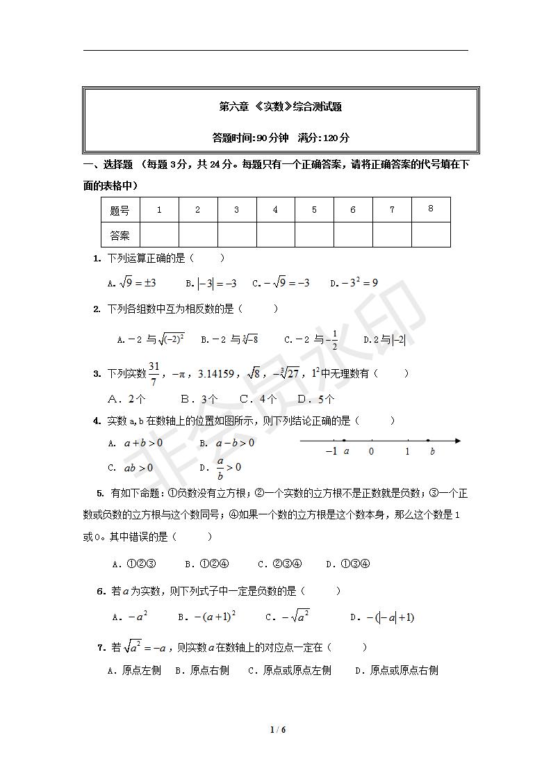 数学：第六章实数 单元测试（人教版七年级下）