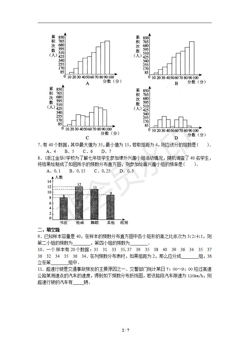 新版新课标人教版七年级数学下册第10章数据的收集、整理与描述同步练习及答案-10.2直方图（1）