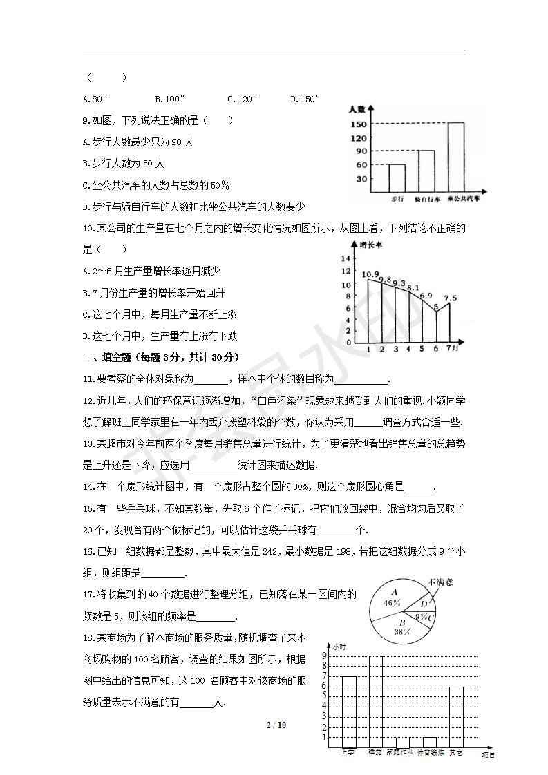 新版新课标人教版七年级数学下册第10章数据的收集、整理与描述单元测试试卷及答案（2）