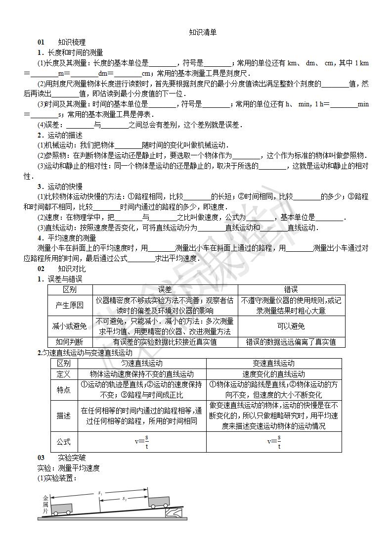 第一章 机械运动 知识清单