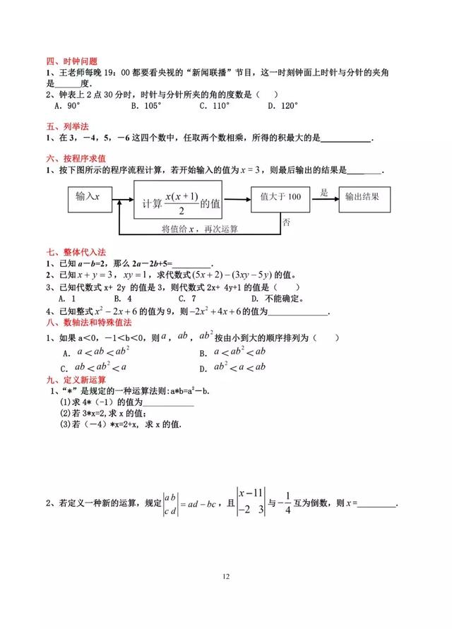 「初中数学」七年级上学期期末常考题型练习