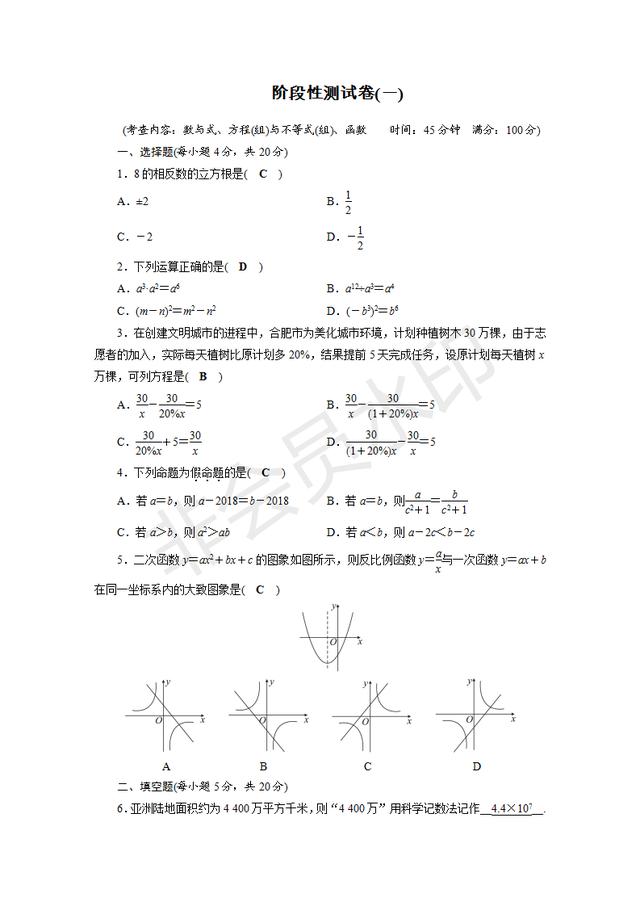 2019年数学中考一轮复习阶段性测试卷（1）含答案