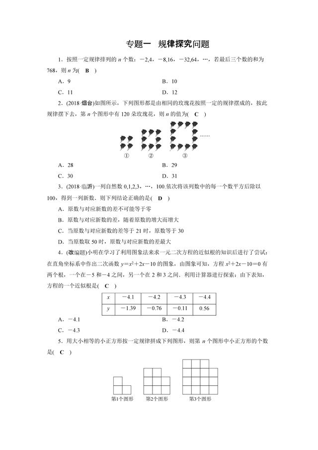 2019年安徽中考二轮复习专题一：规律探究问题同步练习（含答案）