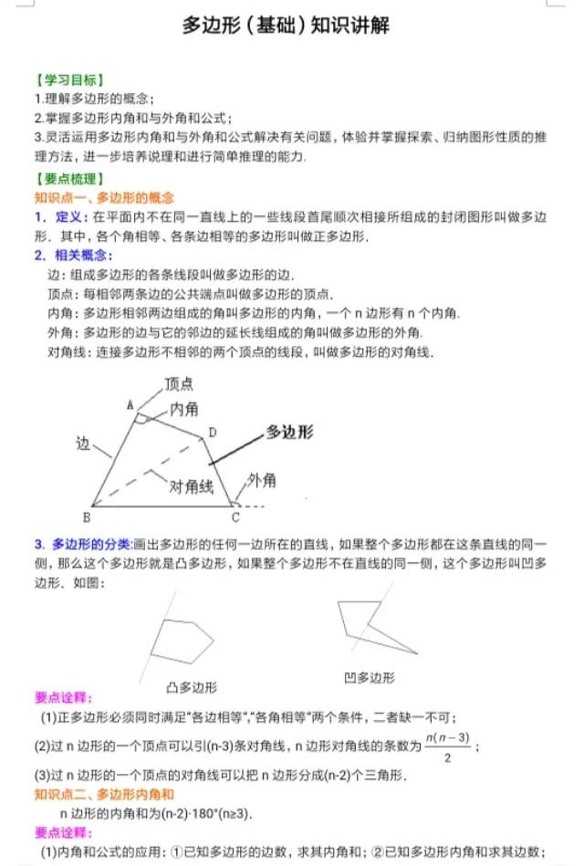 七年级数学丨多边形及其其内角和基础知识详解及练习！