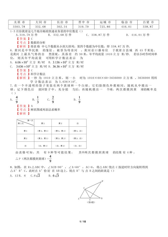 2018 年 山西省中考数学 试 卷（解析版）